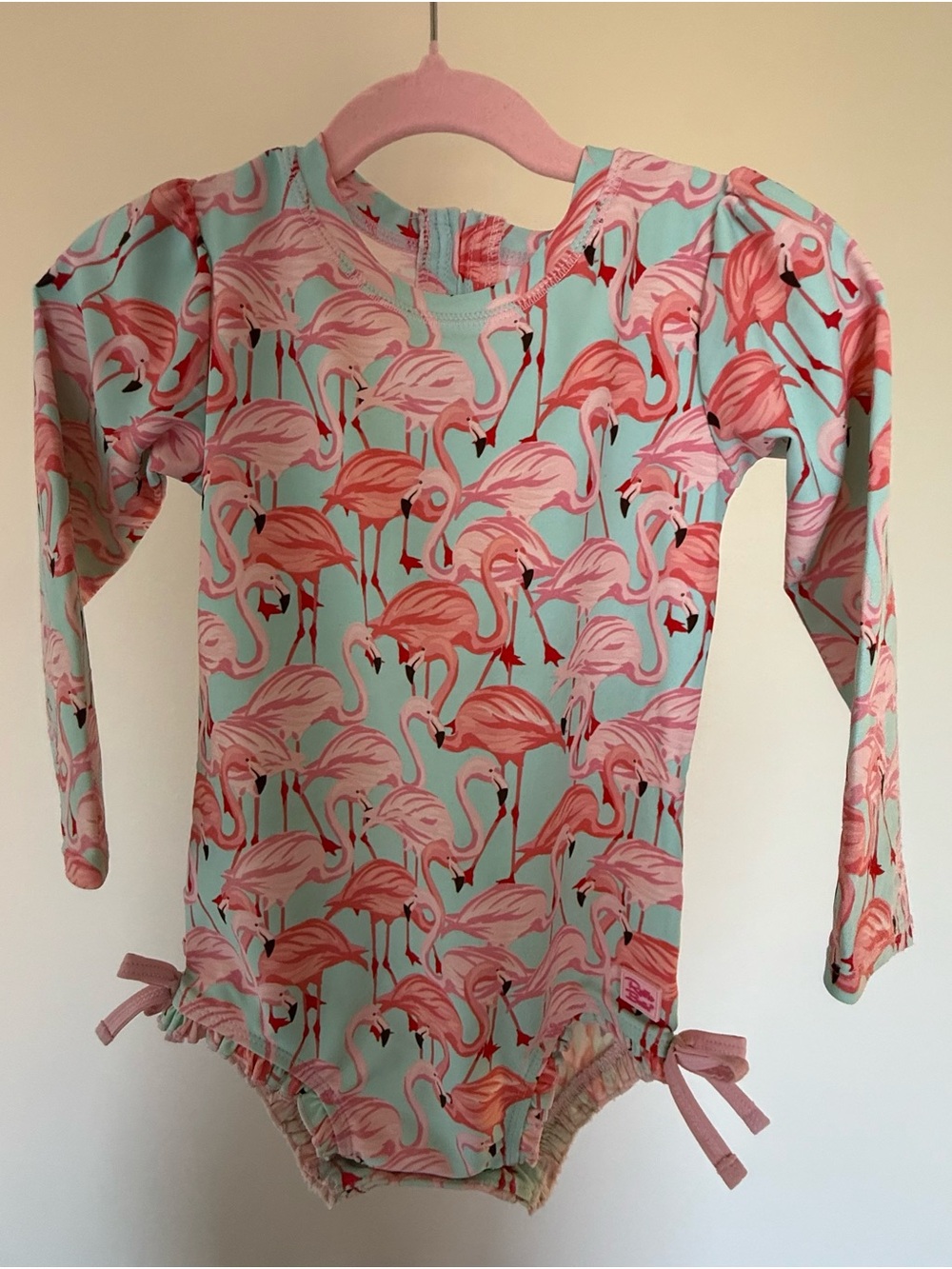 Ruffle Butts Pink Flamingo One-Piece Swimsuit with Aqua Base